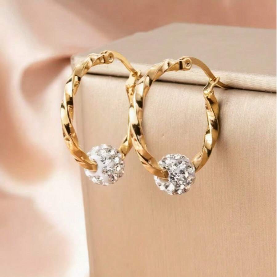 1 đôi bông tai vòng bằng thép không gỉ mạ vàng 18K thanh lịch, đính đá lấp lánh - Hoàn hảo cho các bữa tiệc và thời trang hàng ngày. - hình cầu - Xem 1