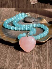 时尚蓝猫眼石项链，搭配精致天然玫瑰石英心形吊坠，适合春夏海滩佩戴。 - 彩色 - 查看 2