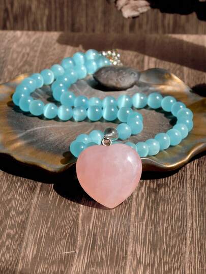 Fashionable Blue Cat Eye Stone Necklace With Delicate Natural Rose Quartz Heart Pendant Choker, Suitable For Wearing To Beach In Spring And Summer