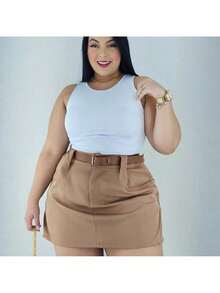 Short Skirt Plus Size Tailored With Belt Various Colors Summer - Beige - View 4