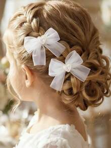 1 Pair Floral Heart Chiffon Side Clip, Ethereal Sweet Bangs Clip Hair Accessory - White - View 1