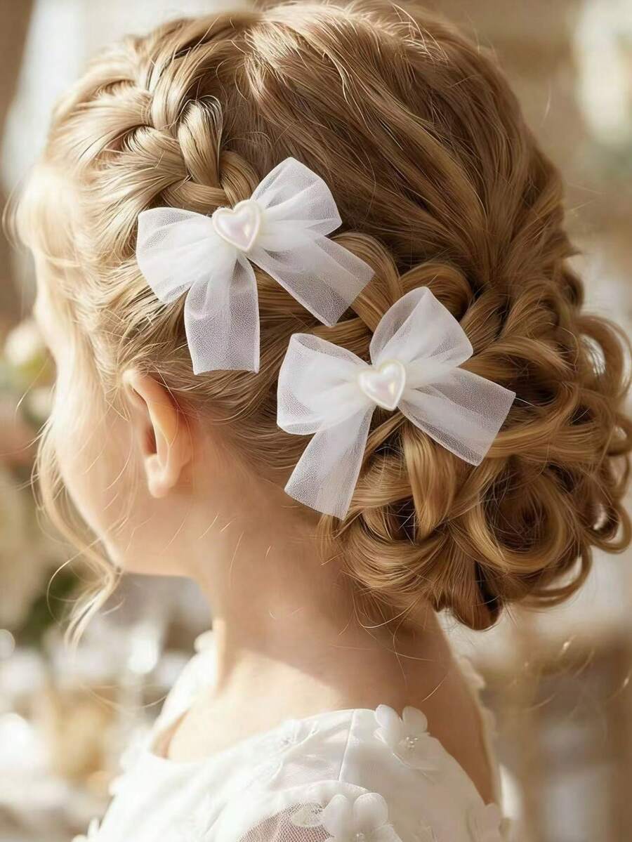 1 Pair Floral Heart Chiffon Side Clip, Ethereal Sweet Bangs Clip Hair Accessory - White - View 1
