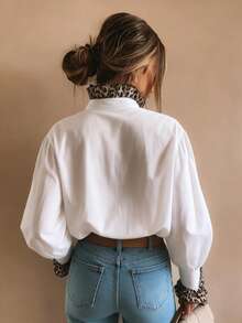 1 pieza Camisa de mujer con botones y cuello de solapa con estampado de leopardo y unicolor de poliéster, adecuada para uso diario y festivales, primavera, verano, otoño blanco - Blanco - Ver 6