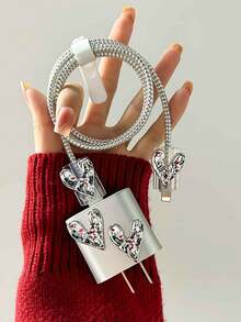 5个镀银方形心形TPU数据线保护套，兼容苹果20W/18W快充适配器 - 銀色 - 查看 5