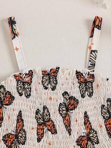 Girls' Butterfly Print Jumpsuit, Summer Elastic Waist Wide Leg Pants, Breathable Vacation Style Toddler Romper - Apricot - View 4