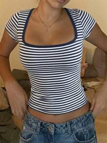2026 Spring/Summer Striped Casual Versatile Elegant Square Neck Contrast Color Raglan Sleeve T-Shirt, Suitable For Office, Party, Travel And Multiple Occasions - Blue - View 5