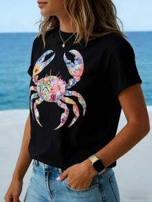Flower Crab, A Must-Have New Product For Summer. Suitable For Both Spring And Summer Seasons. Comfortable Casual Women's Spring Summer T-Shirt Round Neck, Soft Feel, Ideal Gift For All Occasions. -Casual T-Shirts ,T-Shirt- Oversized Casual Short Sleeve Round Neck Tee, Soft Breathable Fabric For Holiday Parties& Gift Giving - 黑色 - 查看 3