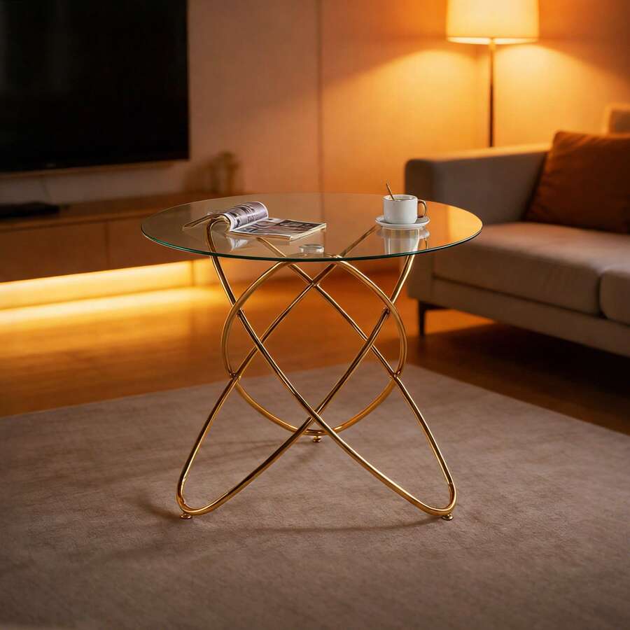Dining Table With Gold Metal Legs And Tempered Glass Top, Modern And Space-Saving Kitchen Table For Living Room, Gold Metal Legs - Gold + Glass + Metal - View 1