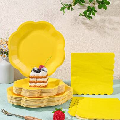 Juego de vajilla desechable de fiesta con flores amarillas, platos de papel desechables de 7/9 pulgadas, servilletas, adecuado para reuniones familiares, revelación de género, celebraciones, cumpleaños, bodas, despedidas de soltera, picnics