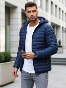 Men's Transitional Season Quilted Jacket, Hooded, Zip-Up Closure, Lightweight And Short, With Elastic Cuffs And Hem, And Features Internal And External Pockets And An Adjustable Hood. - Navy Blue - View 4