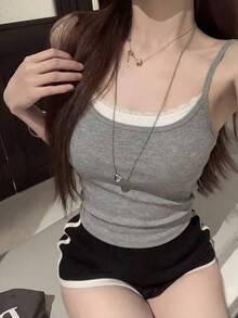 New Spring/Summer Spaghetti Strap Tank Top For Women, Grey Lace 2 In 1 Slim Fit Sexy Camisole With Padded Bust, Versatile Layering Piece Casual - Grey - View 2