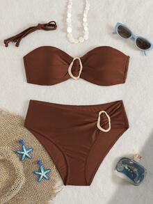 Women's Solid Color Halter Neck Bikini Two Pieces Set With Metal Accessory, Suitable For Island Vacation - Brown - View 2