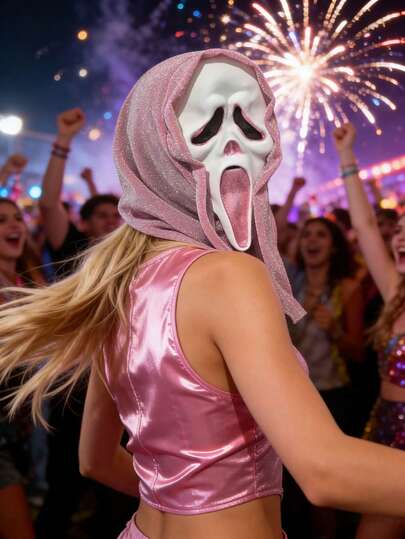 1个亮粉色恐怖尖叫面具，适用于派对、嘉年华、万圣节、舞台表演道具