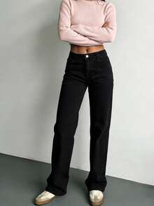 Simple And Casual Basic Women's Denim Straight-Through Trousers, Loose Four-Season Wild Jeans, Boyfriend Style High Waist Black Jeans - 黑色 - 查看 4