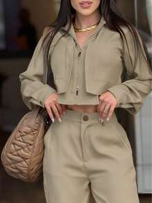 优雅休闲时尚通勤女式连体裤，配有双拉链口袋，适合教师节、返校、生日派对、毕业典礼、舞会、郊游、下午茶、音乐会、度假、办公、日常穿着、街头及机场时尚，春夏秋季皆宜。 - 卡其色 - 查看 5