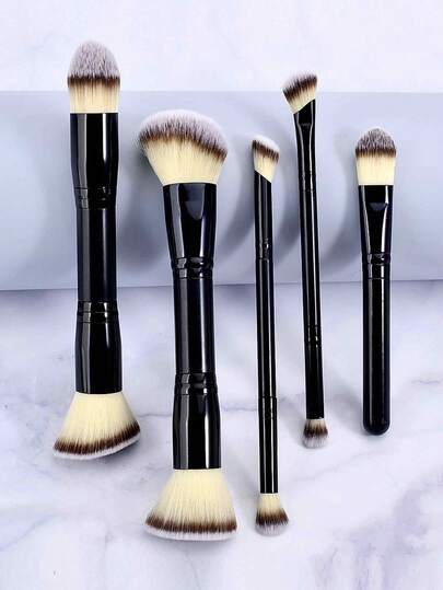 5pcs/Set Large Size Dual-Ended Makeup Brushes, Foundation Brush, Blush Brush, Powder Brush, Contour Brush, Highlighter Brush, Concealer Brush, Nose Shading Brush, Eye Shadow Brush, Full Set Beginner Makeup Tools