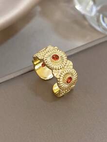 1Pc 18K Gold Plated Copper Double Flower Red Gold Ring, Women's Ring, Gold Plated Ring, Vintage Jewelry, Suitable For Daily Wear, Dating, Weddings, Parties, Festivals, Birthdays, Easter, Beach Jewelry, Summer Jewelry, Valentine's Day Gift, Mother's Day Gift, Boho Style Jewelry - Multicolor - View 7