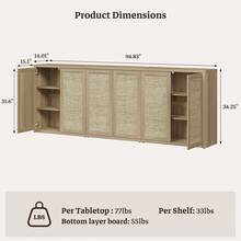 SICOTAS Rattan Sideboard Storage Cabinet - Boho Credenza Coffee Bar Cabinet With Doors & Adjustable Shelves, Large Farmhouse Buffet Console Table For Living Room, Kitchen, Entryway - Amber Oak - View 6