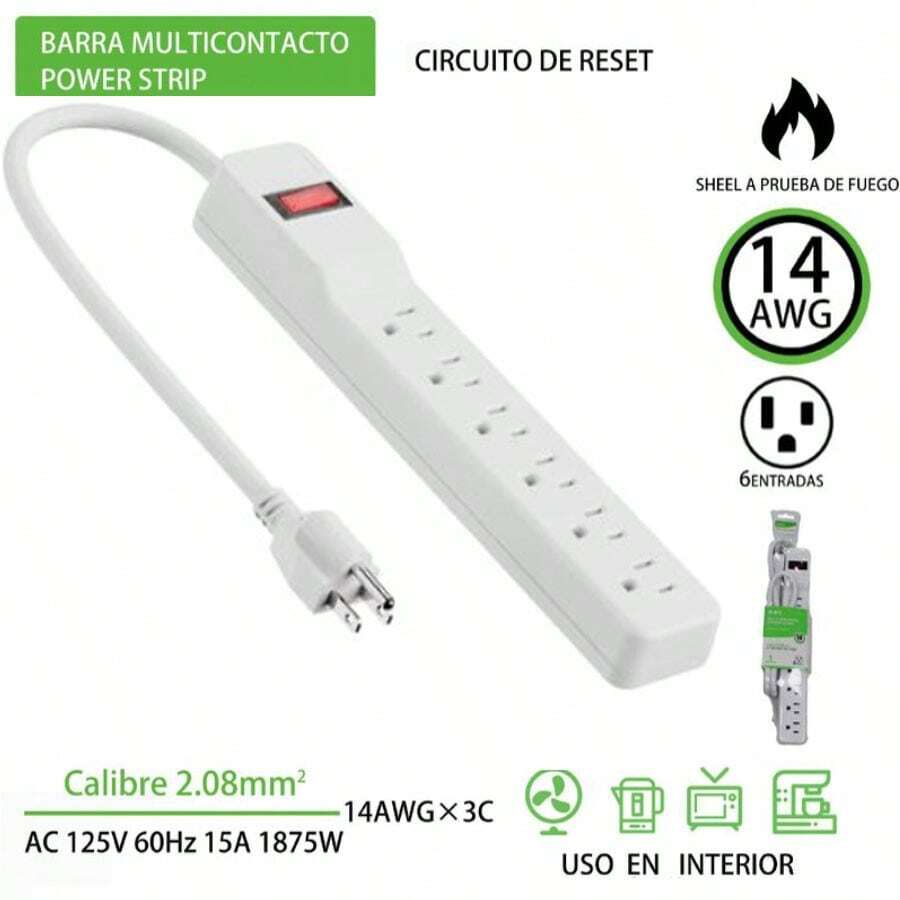 Regleta con Protector contra Sobretensiones de 6 Tomas, Cable de 3.3 pies con Interruptor Iluminado, para Hogar, Oficina, Colegio, Tienda y Garaje, 15A 125V 1875W, 14AWG, Blanco - Tipo de Enchufe A USA (110-127V) - Ver 1