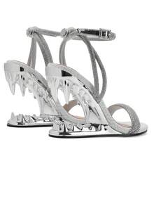 Women Sandals Strappy High Heels Round Open Toe Buckle Heels Shark Tiger Teeth Wedge Heels Sandals Slip-On Party Wedding Dress Shoes - Bạc - Xem 5