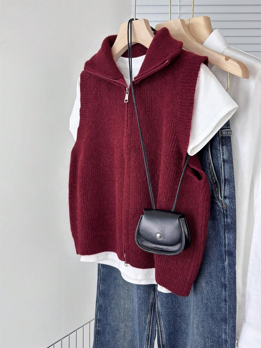 Autumn/Winter New Ribbed Knit Vest, Coffee Color, Sleeveless, Double Zipper, Casual Commute Layering Essential - Burgundy - View 1