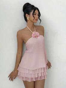 Women's Yellow Low Waist Super Short Sexy 3D Floral Camisole Backless Ruffle Hem Mini Dress, Elegant, Fashionable, Suitable For Daily Commute, Party, Carnival, Valentine's Day, New Year, Beach Vacation Summer - 淺粉色 - 查看 6