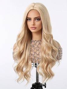 28 Inch Ash Blonde Long Body Wave Wig, Middle Part Synthetic Hair Wig, High Density Natural Looking Fake Hair For Cosplay Halloween Daily Use - Gold - View 5