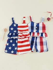 4th Of July Toddler Girl Outfit Strip Star Printed Sleeveless Tops Elastic Waist Shorts Girls Summer Clothes - Màu xanh lam - Xem 3