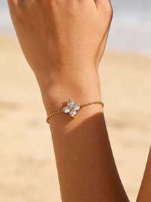 18K镀金圆形水晶四叶草手链，简约闪亮波西米亚风可调节不锈钢链手链，适合海滩度假 - 四葉草 - 查看 7