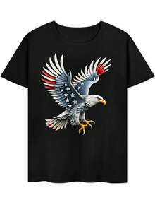 Men's Patriotic Eagle And American Flag Print T-Shirt - Lightweight, Breathable, Moisture-Wicking Cotton Tee For 4th Of July, Veterans Day, Everyday Casual Wear - Comfortable Fit For All Seasons, American Flag Clothing, Festive Celebration Outfit, Bold Print Design, Durable Construction, Short Sleeve T-Shirt, For Urban Style Lovers, Summer Outfit, Crew Neck T-Shirt, Soft Material, Printed T-Shirt, Adult Clothing - 黑色 - 查看 1