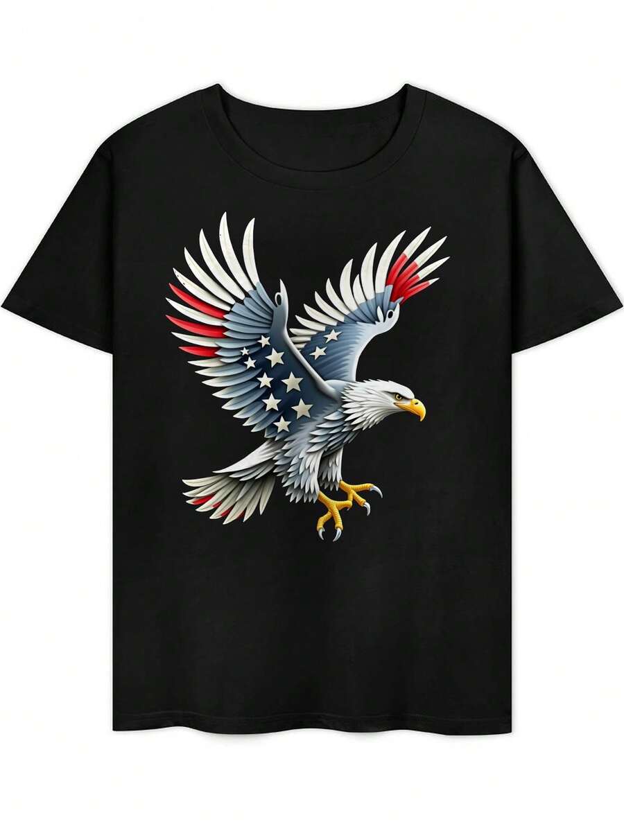 Men's Patriotic Eagle And American Flag Print T-Shirt - Lightweight, Breathable, Moisture-Wicking Cotton Tee For 4th Of July, Veterans Day, Everyday Casual Wear - Comfortable Fit For All Seasons, American Flag Clothing, Festive Celebration Outfit, Bold Print Design, Durable Construction, Short Sleeve T-Shirt, For Urban Style Lovers, Summer Outfit, Crew Neck T-Shirt, Soft Material, Printed T-Shirt, Adult Clothing - 黑色 - 查看 1