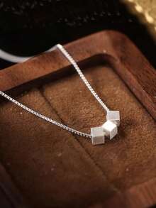 1pc S925 Sterling Silver Minimalist Chic Petite Geometric Matte Cube Necklace, Versatile Daily Wear For Women - Silver - View 5