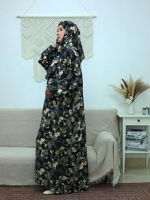 Women's Oversized Prayer Robe With Printed Design, Dignified Long Sleeve Woven Robe With Applique Details, Floor-Length Islamic Clothing Black - Black - View 5