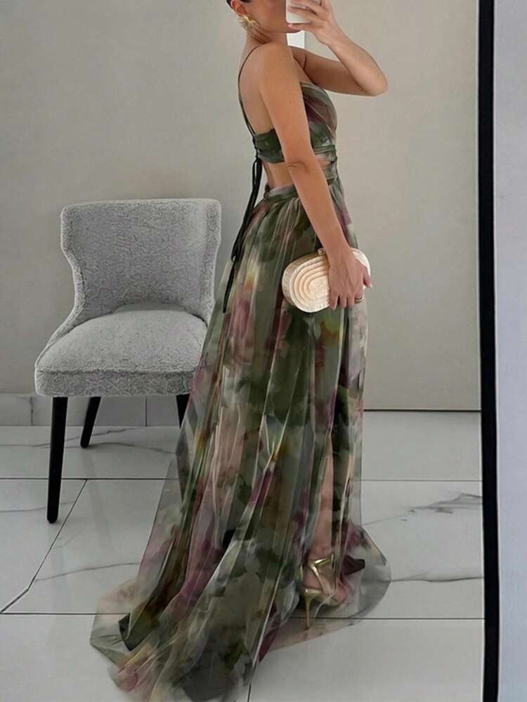 Vestido largo mujer primavera 2026, estampado a contraste, escote en V, tirantes - Verde - Añade 3