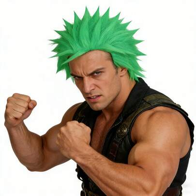 Peluca recta de estilo cosplay con púas cortas de color verde brillante, peluca sintética resistente al calor con capas esponjosas, peluca con púas unisex para hombres y mujeres, ideal para vacaciones, Comic Con, fiestas temáticas, eventos de cosplay de superhéroes y uso diario de moda punk