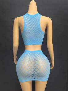 Bộ 2 món gồm áo croptop và chân váy lưới xuyên thấu gợi cảm, độ co giãn tuyệt vời, phù hợp với mọi dáng người, thích hợp mặc hàng ngày, dự tiệc biển, làm đồ lót, trang phục gợi cảm cho nữ. - Màu xanh nhạt - Xem 3