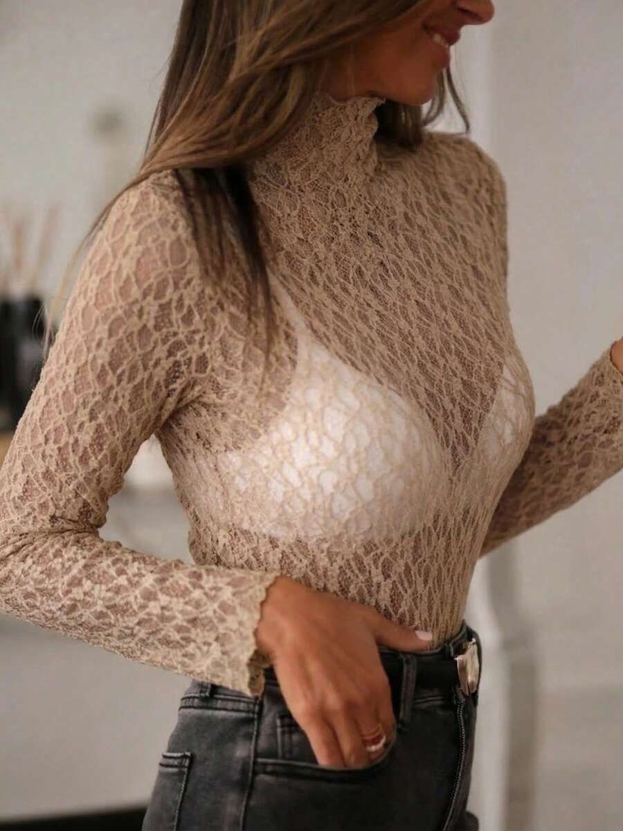 优雅纯色蕾丝领女式衬衫，春季 - 卡其色 - 查看 1