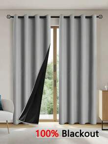 两片装 100% 遮光窗帘，适用于卧室和客厅，黑色衬里，隔热保温，有助于睡眠，遮光效果极佳，带金属孔眼，浅灰色 - 灰色 - 查看 1