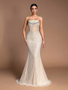 优雅闪亮手工串珠美人鱼晚礼服 - 性感吊带薄纱舞会婚纱 - 香檳色 - 查看 1