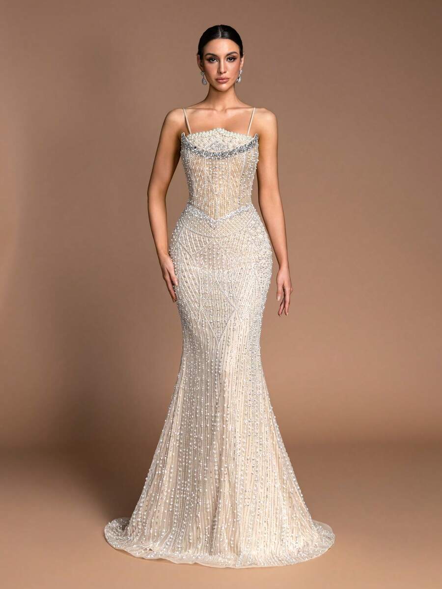 优雅闪亮手工串珠美人鱼晚礼服 - 性感吊带薄纱舞会婚纱 - 香檳色 - 查看 1
