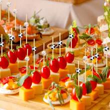 100支/包 一次性黑白足球形鸡尾酒签、寿司签、水果签、鸡尾酒竹签，适用于主题派对、婚礼、蛋糕、甜点等场合 - 彩色 - 查看 1