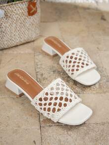 Sandal nữ đế chunky mũi vuông rỗng dệt kim, màu trắng, thoáng khí, thích hợp đi biển, dự tiệc ngoài trời mùa hè. - trắng - Xem 6