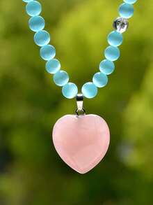 时尚蓝猫眼石项链，搭配精致天然玫瑰石英心形吊坠，适合春夏海滩佩戴。 - 彩色 - 查看 10