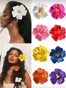 3 piezas Clips para el cabello con flores hawaianas, Clips para el cabello con flores artificiales, Clips para el cabello con hibiscos, Clips para el cabello con lotos, Adecuados para fiestas de vacaciones - Multicolor - Ver 4