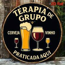 Plaque ronde en bois de 5,9 pouces avec thème bière et vin du Portugal et de l'Espagne - Panneau vintage "Cerveza/Cerveja/Cerveja De Vinho" avec phrase portugaise, décoration murale durable de couleur noir et or, convient pour bar, restaurant, maison - Art mural bière et vin, design plat 2D - Multicolore - Voir 3