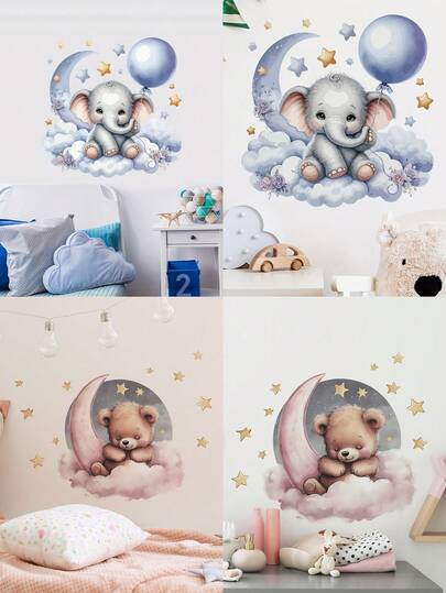 1 bộ decal dán tường hình voi nhỏ, bóng bay, sao và mây hoạt hình, dùng để trang trí phòng khách, phòng ngủ, làm bằng PVC, tự dính.