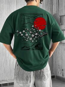 FRACTYR Herren Sommer Mode minimalistischer Streetstyle Japanischer Pflaumenblüten Muster Rundhals Kurzarm T-Shirt | Grundlegender Streetstyle vielseitiger Casual Top, Geschenk für Freund/Ehemann - Dunkelgrün - Übersicht 2