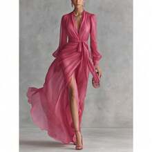 Women's Elegant V Neck Short Sleeve Dress, Split Hem Tie Waist Dress For Office & Wedding - 玫瑰紅 - 查看 6
