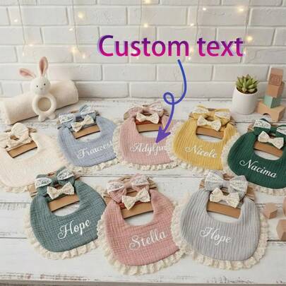 Bộ yếm ăn và băng đô ren cho bé, chất liệu cotton nguyên chất, vải nhăn mềm mại, hai mặt chống thấm nước, không gây cọ xát cổ, quà tặng cho bé sơ sinh, màu trơn chống thấm nước và chống bẩn.