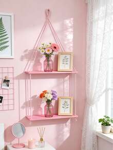 1pc Pink Photo Frame Wall Shelf, Boho Style Hanging Wall Storage Rack For Bedroom, Living Room, Bathroom, Nursery, Dorm, Cute Plant Aesthetic Home Decor, Photo Frame, Vanity, Pink Boho Style Wall Display Shelf For Ladies Room - Multicolor - View 4